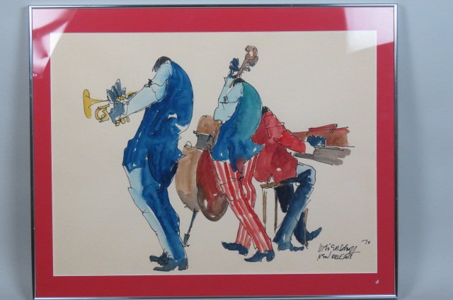 Leo Meiersdorff, watercolor,: "Trio of Musicians", New Orleans 1970, signed, image area 36" x 24".