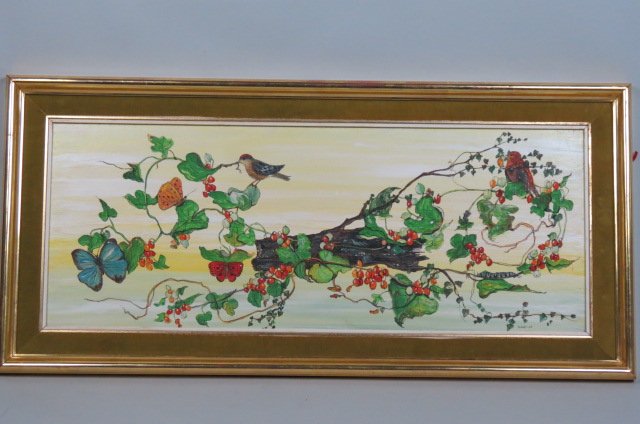 Fleur Cowles, oil,: birds, butterflies and caterpillar on a grape vine, on board, image area 12" x 30", listed artist, stamp of Hammer Galleries, NYC.......Fleur Fenton Cowles (January 20, 1908 – June 5, 2009) was an A
