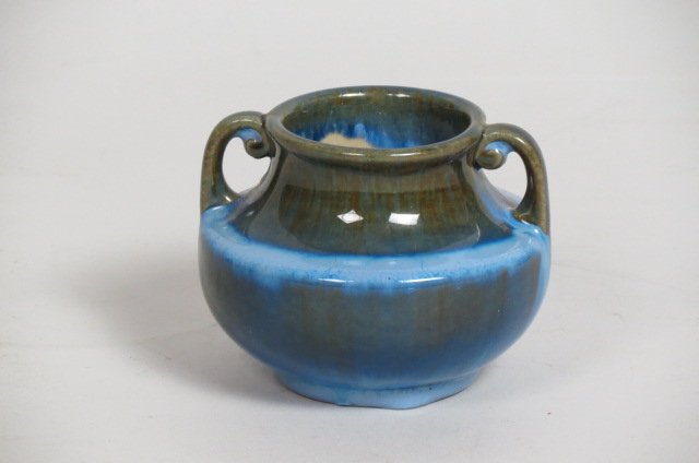 Fulper Art Pottery Vase,: rich blue green slip glaze, handled, 3", excellent.