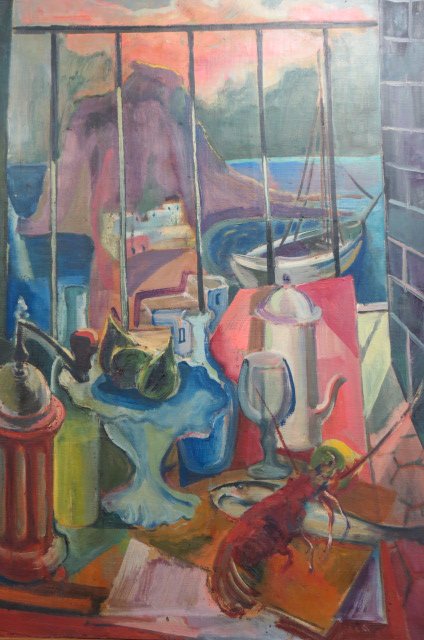Italian Oil Painting,: Impressionistic scene with lobster, pepper mill, fruit and more, boat & mountains in distance, on canvas, image area 31" x 39".