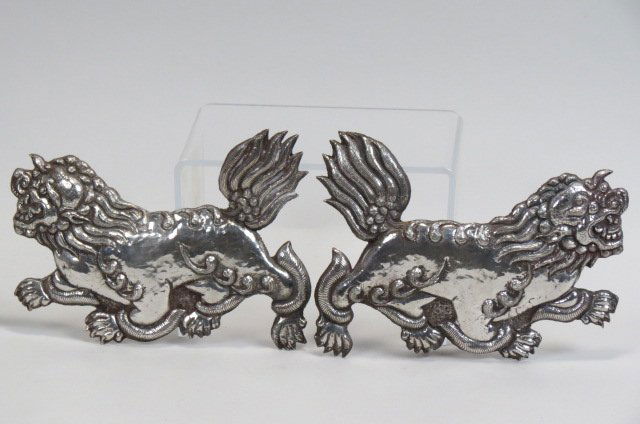 Pair of Chinese Silver Foo Dog Plaques, (1 of 3)