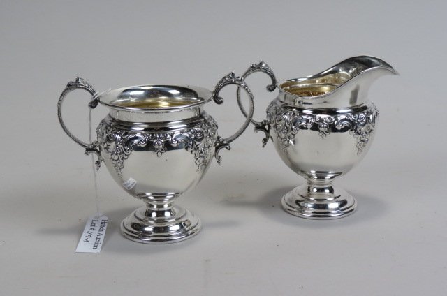 Wallace "Grand Baroque" Sterling Creamer: & Sugar, pedestal bases, 4" tall, 284 grams.