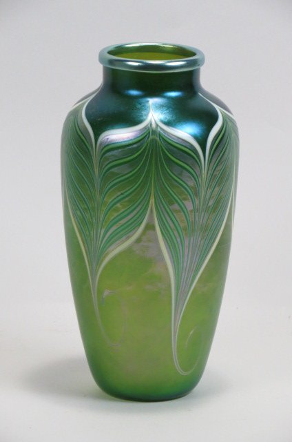 Orient & Flume Art Glass Vase,: green pulled feather, iridescent finish, 10" tall, signed, excellent.