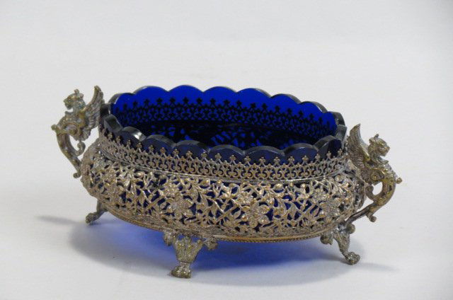 Silverplate Oval Cobalt Lined Dish, (1 of 2)