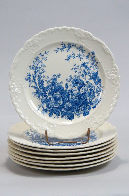 8 Taylor, Smith & Taylor Dinner Plates,: elegant blue floral on ivory field, 10", excellent.