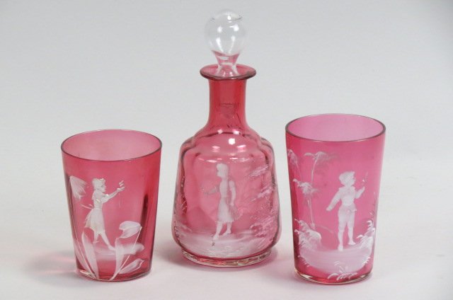 3 pcs. Cranberry Mary Gregory Enameled Art Glass; (1 of 4)