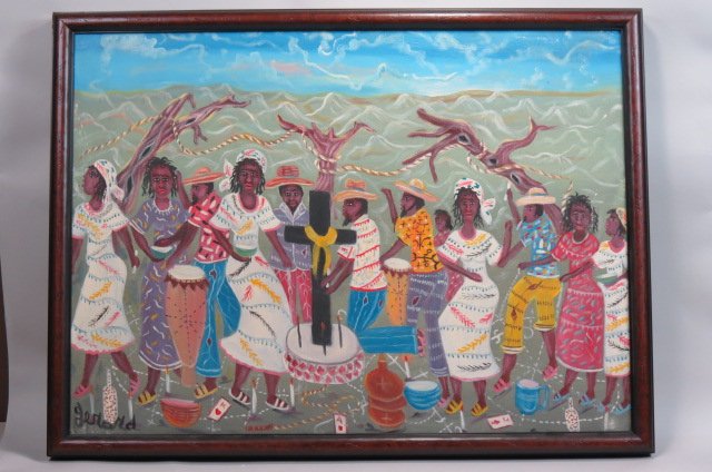Gerard Fortune, oil, Haitian Ceremony.: on canvas, 38" x 28", well listed artist.....Born 1933 (according to one bio., although he told me he did not know when he was born) in Petionville, Haiti. Worked as a pastry chef at a hotel, before b
