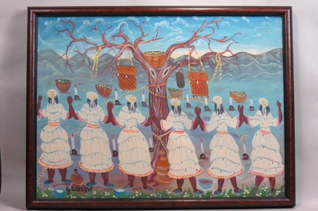 Gerard Fortune, oil, Haitian Ceremony.: on canvas, 38" x 28", well listed artist.......Born 1933 (according to one bio., although he told me he did not know when he was born) in Petionville, Haiti. Worked as a pastry chef at a hotel, before