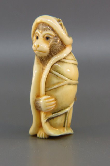 Carved Hippo Ivory Netsuke of a Monkey, (1 of 3)