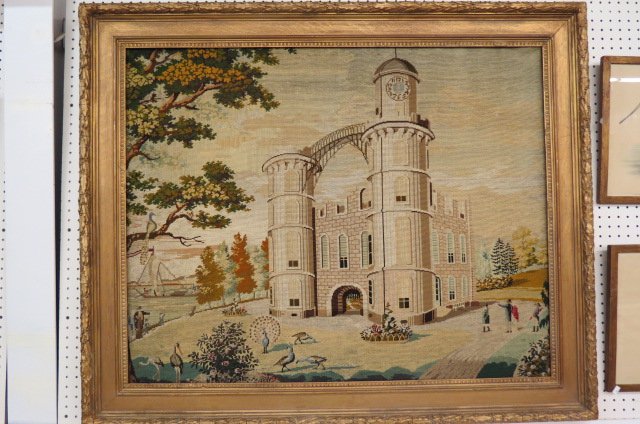 Frame Needlepoint Tapestry of Building,: with clock tower, image area 44" x 34" in gold frame.