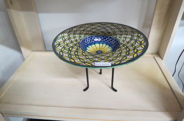 Deruta Italian Pottery Centerpiece Bowl,: colorful floral, 12" diameter, on iron stand.