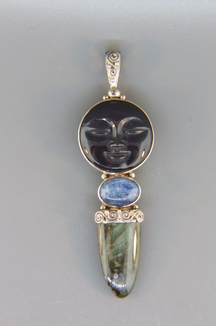 Carved Gemset Sterling Pendant,: obsidian face, sapphire below and labadorite end, 3" long, 18 grams.