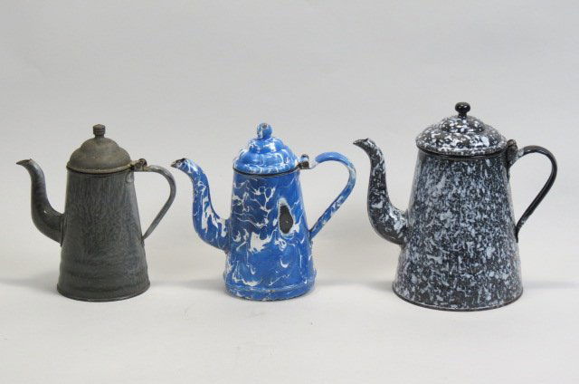 3 Antique Enamelware Coffeepots, blue, (1 of 1)