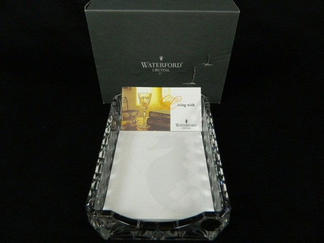 Waterford Crystal Westover Notepad Holder: This is in mint pristine condition in its Waterford box. It has the acid-etched Waterford signature near the corner on the underside of the holder. It holds a 4 x 6 memo pad. In fact, it comes with on