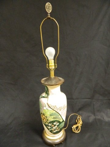 Frederick Cooper Asian Crane Bird Green Table Lamp: Vintage Frederick Cooper Chicago Lamp, Cranes, Cherry Blossoms, Water Lillies. 36" Tall and 8" in diameter.