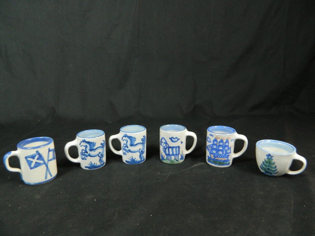 Lot of 6 M.A. Hadley John Taylor Mugs/ Cup: 1. 2 M.A. Hadley mugs Kentucky Derby -H 3 3/4", D 3" 2. M.A. Hadley Lamb Mug-H 3 3/4, D 3" 3. M.A. Hadley Ship Mug -H 4", D 3" crack mark inside