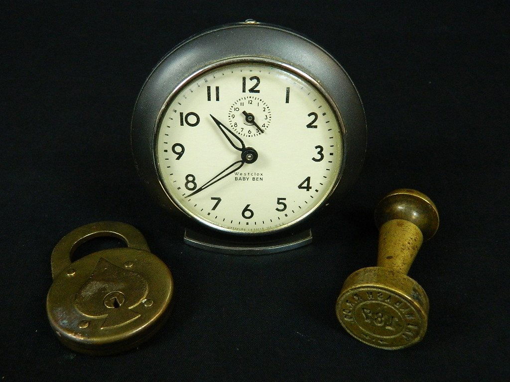Railroad Eagle padlock,Wabash stamp,Westclox clock: Vintage Westclox Alarm Clock, AntiqueEagle Padlock(patend date 1896) & Antique Brass Stamp/Seal of "The Wabash R.R. Co.,187"There is no key included with the padlock.