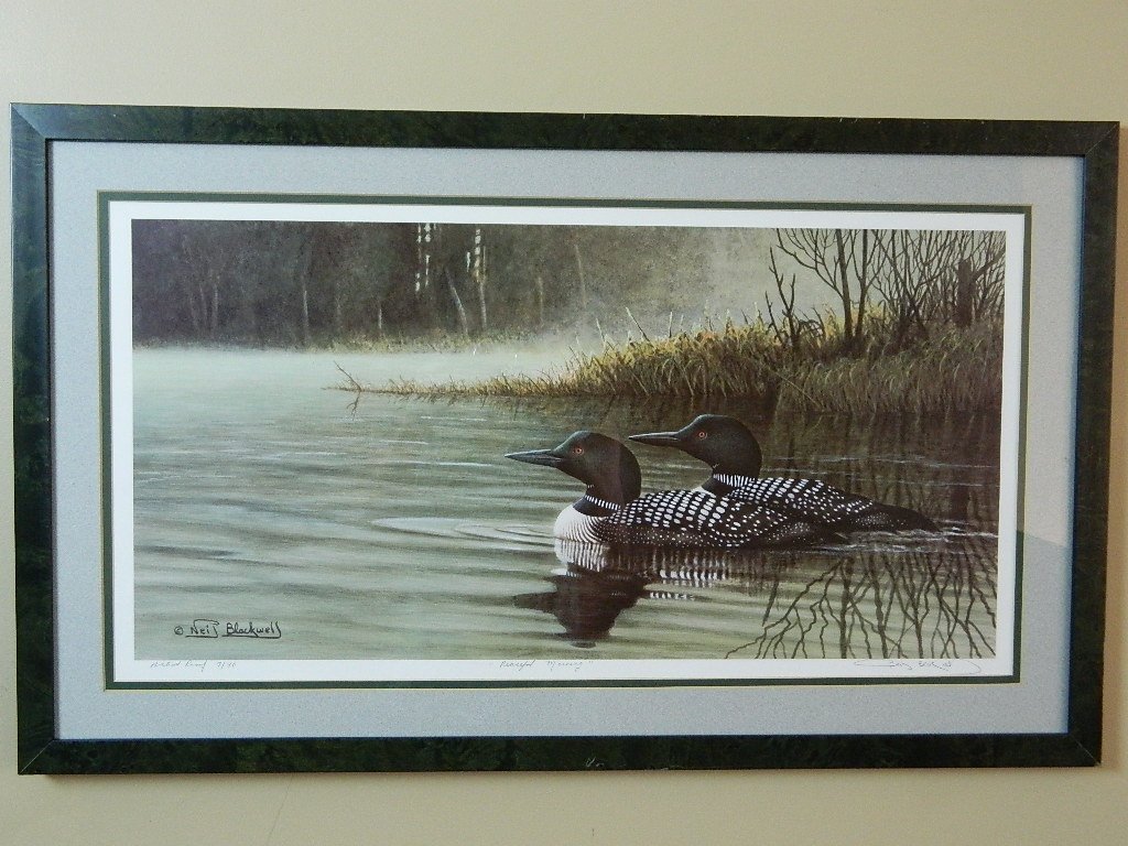 Neil Blackwell "Peaceful Morning" Artists Proof: Artist signed, with certificate of authenticity, limited edition print.Frame size 30"wide by 18" tall. Print size 25" wide by 13" tall. Good condition, except for a few small scratches on the frame.