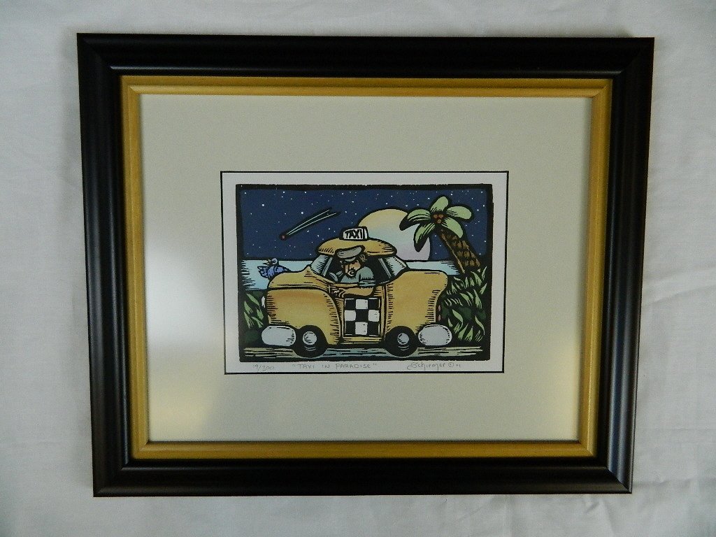 Taxi in Paradise Wood Art - By Schirmer #19/300: Up for auction is a very unique pictureof the wood cut titled "Taxi in Paradise" by John Schirmer! It is framed, matted, numbered and signed! It is number 19/300 and is acutally signed by John Schirme