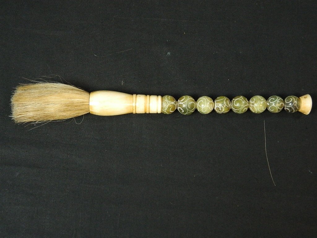 Chinese Jade/Bone Calligraphy 11.5" Brush Vintage: Up for auction is a vintage Chinese calligraphy brush in great condition! The handle is made from balls of jade and bone. The brush measures to be about 11.5 inches long.
