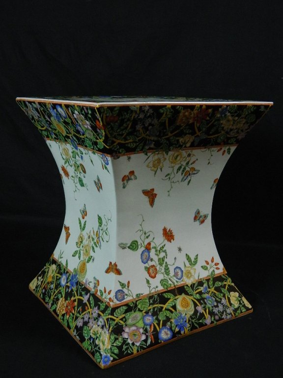 Oriental 18" Decorative Garden Stand: Up for auction is an oriental garden stool.. The stool is decorated with butterflies and such and is very beautiful. The stool is very heavy. It measures about 18 inches tall with a square top measuri