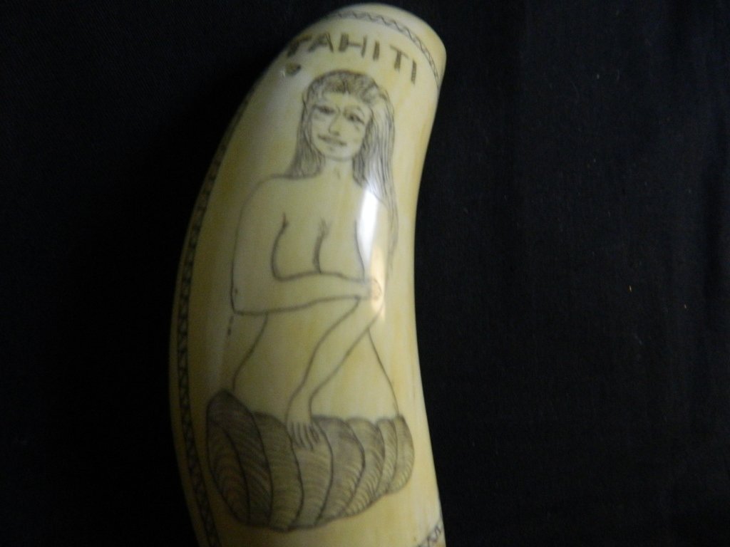 "Tahiti" Scrimshaw w/ Woman and Palm Tree Whale Tooth: Good conditon antiqe scrimshaw with Tahiti written on one side with naked woman. On the other side is a palm tree. Enamel is chipped on the tip of the palm tree side. 5" long and 2" tall.