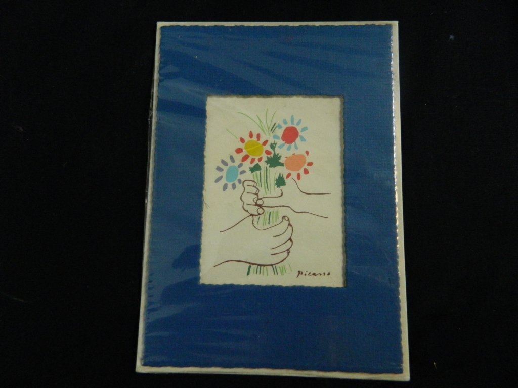 Pablo Picasso Silk Screen: Pablo Picasso silk screen. Never been framed still in plastic with mat. Colorful flower bouquet being held by two hands. Matted size 6 3/4 " Tall x 4 3/4" Wide.