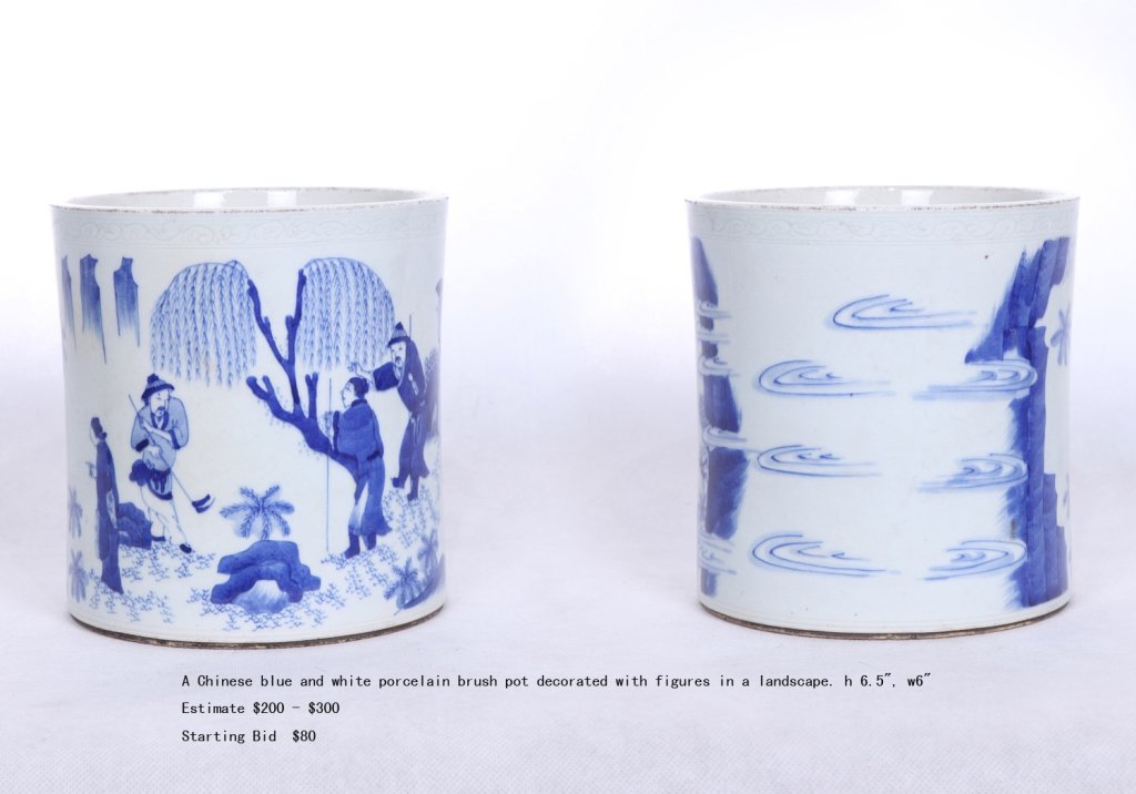 Chinese Flow Blue & White Landscape Porcelain Brush Pot: Blue and White Porcelain Chinese Brush Pot featuring landscape views and figures. H=6.5" x W=6"