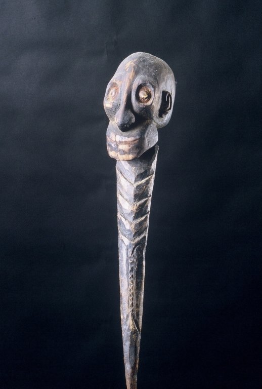 Papua New Guinea Post Mask: #14 27" High, Male, Post Mask Head with Negroid Features from the Kaminibit Village area. Hairline fractures on piece.