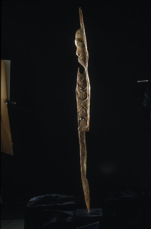 Papua New Guinea Karawari Cave Figure: #320 60.25"High, Karawari River hook cave figure discovered in the 1960's from the collection of Wayne Heathcote. There are no stains or paint on this piece it is in natural wood form.