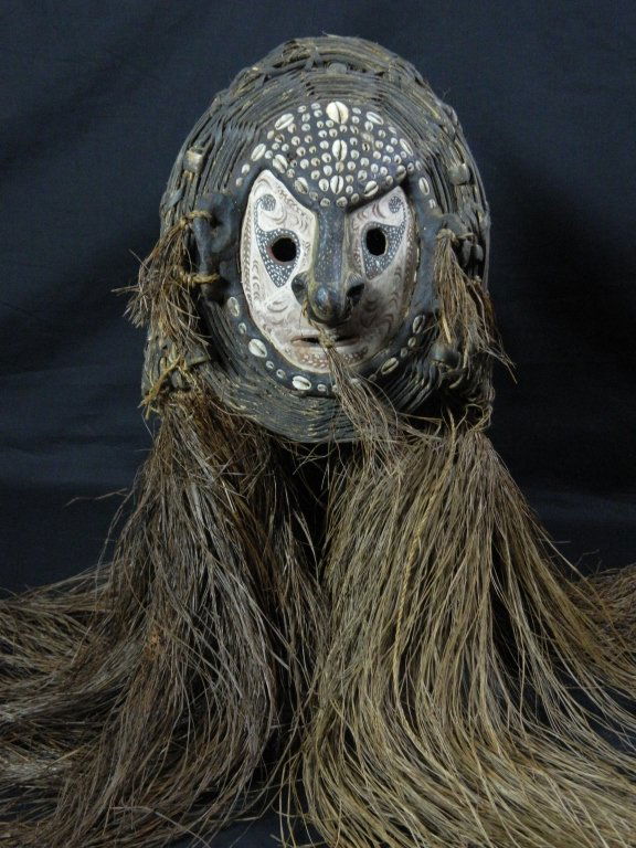 Papua New Guinea Woven Mask: #38 30" mask fits over head including grass at bottom, turtle shell face painted gray and black.
