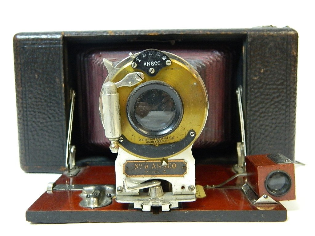 Vintage Ansco Folding No.9 Model A Camera: Up for auction is an Ansco Folding No. 9 Model A Camera. Cover is scuffed and missing some leather. But it is still a beautiful camera.