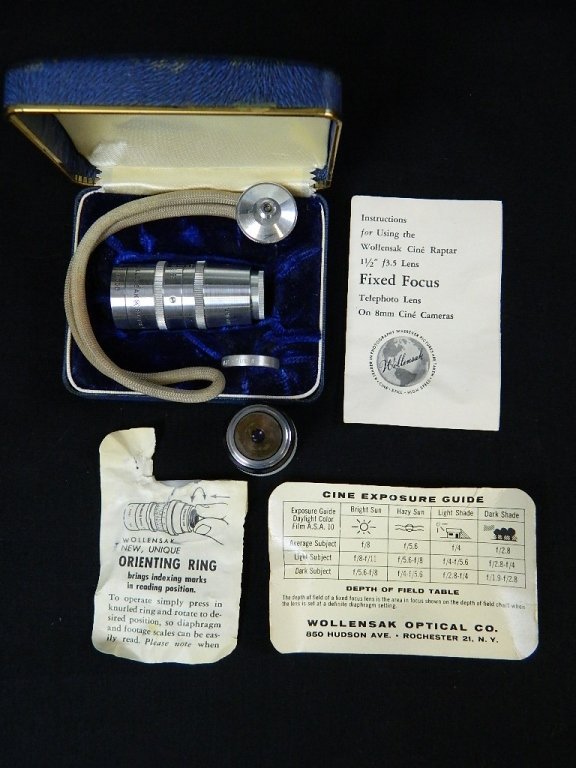 Wollensak Optical Co. Cine Raptar 1 1/2" f3.5 Lens: In this lot there is a Wollensak Cine Raptar 1 1/2" f3.5 Lens. in the original case. Also there is a Mamiya Cine Kominar f10 lens. The Wollensak lens comes with the original instruction manual.