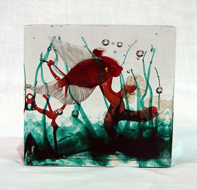 Aquarium Gino Cenedese, Cenedese Murano, 1955 ca.: Gino Cenedese. Glass Aquarium. Designed ca. 1955. Made by Gino Cenedese, polychromatic underwater scene with fish and coral. Acquario in vetro sommerso.