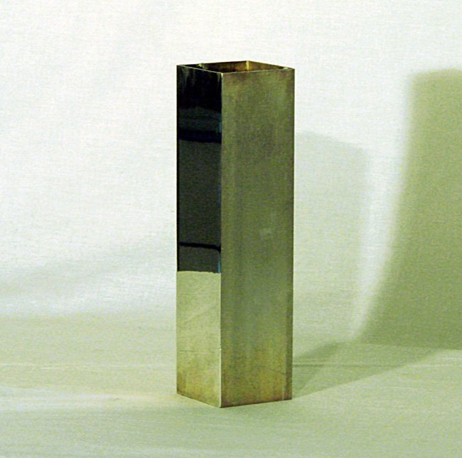 Vase Lino Sabattini, Prod. Argenterie Sabattini, 1970 : Silver plated metal vase. Half shiny and half brushed. Signed with stamp on the bottom.By Lino Sabattini. Vaso in metallo argentato mezzo lucido e mezzo spazzolato.Timbro impresso sulla base. 1970 ca.