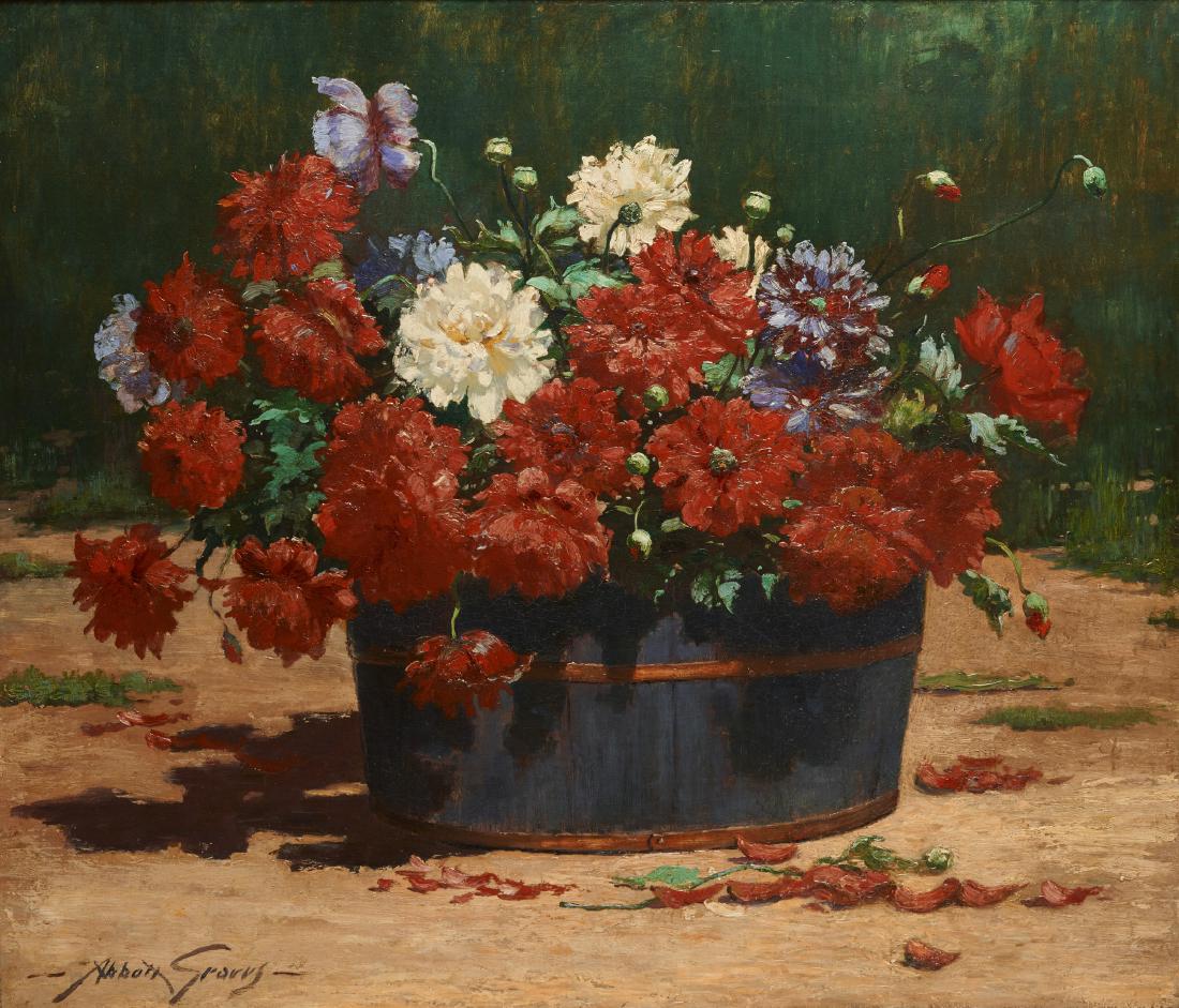 ABBOTT FULLER GRAVES, (American, 1859-1936),: ABBOTT FULLER GRAVES (American, 1859-1936) Chrysanthemums oil on canvas signed Abbott Graves, l.l. 36 1/2 x 42 1/2 in., frame: 42 1/2 x 48 1/2 in. Provenance: The Collection of a Massachusetts Lady.