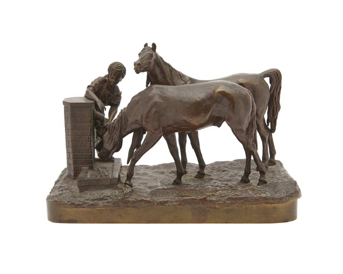 Russian Bronze, depicting two horses and a woman: Russian Bronze, depicting two horses and a woman by a trough; height: 6 in. cast by Woerffel after the model by Vassili Yacovlevitch Grachev (Russian, 1831-1905) Provenance: By descent in a Boston fam