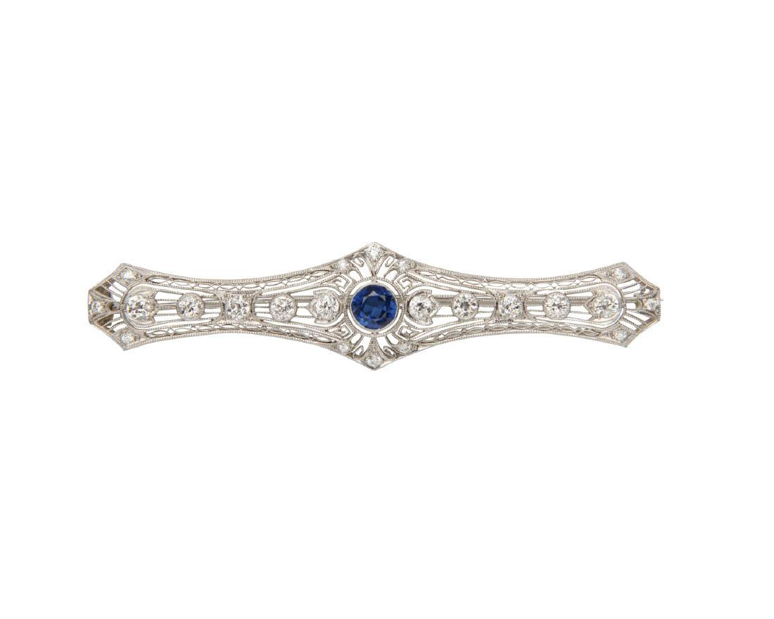 Platinum, Synthetic Sapphire, and Diamond Bar Brooch (1 of 2)