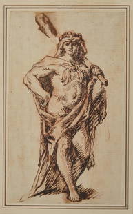 Attributed to FRANCESCO SALVATOR FONTEBASSO, (Italian,: Attributed to FRANCESCO SALVATOR FONTEBASSO (Italian, 1707-1769) Hercules ink over red chalk 9 x 5 1/2 in., frame: 16 1/4 x 13 1/4 in. Provenance: By descent to a Beacon Hill, Boston, Massachusetts Re