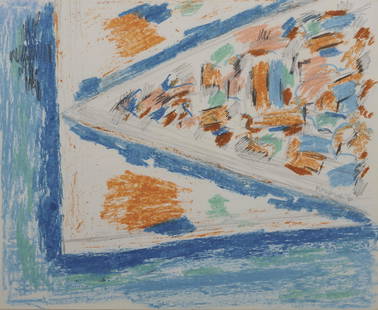 WILLIAM AUSTIN KIENBUSCH, (American, 1914-1980),: WILLIAM AUSTIN KIENBUSCH (American, 1914-1980) Rowboat to Island 1976, craypas and pencil signed and dated Kienbusch 76, l.r. sheet: 11 1/4 x 13 5/8 in., frame: 19 1/4 x 21 3/4 in. Provenance: A Maine