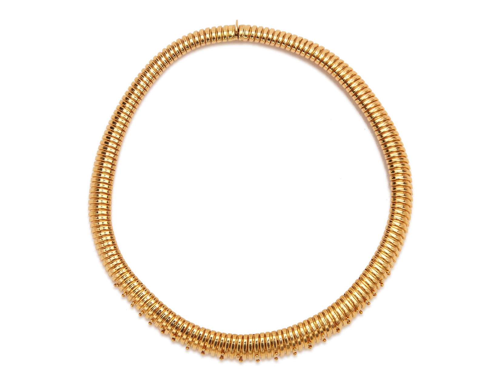 VAN CLEEF & ARPELS 18K Gold "Tubogas" Necklace: VAN CLEEF & ARPELS 18K Gold "Tubogas" Necklace of graduating tubogas links measuring approx. 9.00 to 16.00 mm. with applied round bead accents; signed and numbered NY51269; 60.00 dwts.; lg. 15 in. Pro