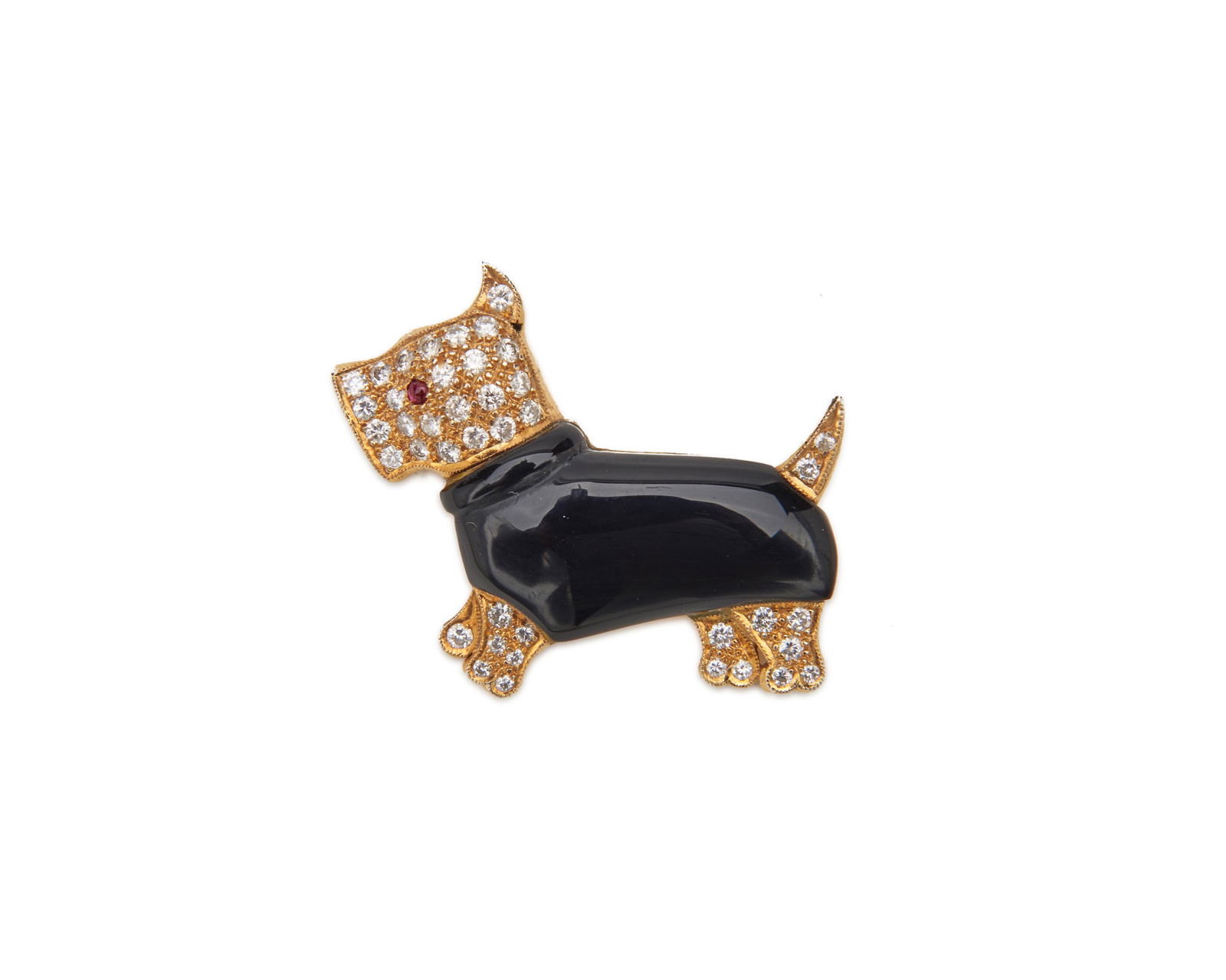 18K Gold, Diamond, Onyx, and Ruby Dog Brooch (1 of 2)