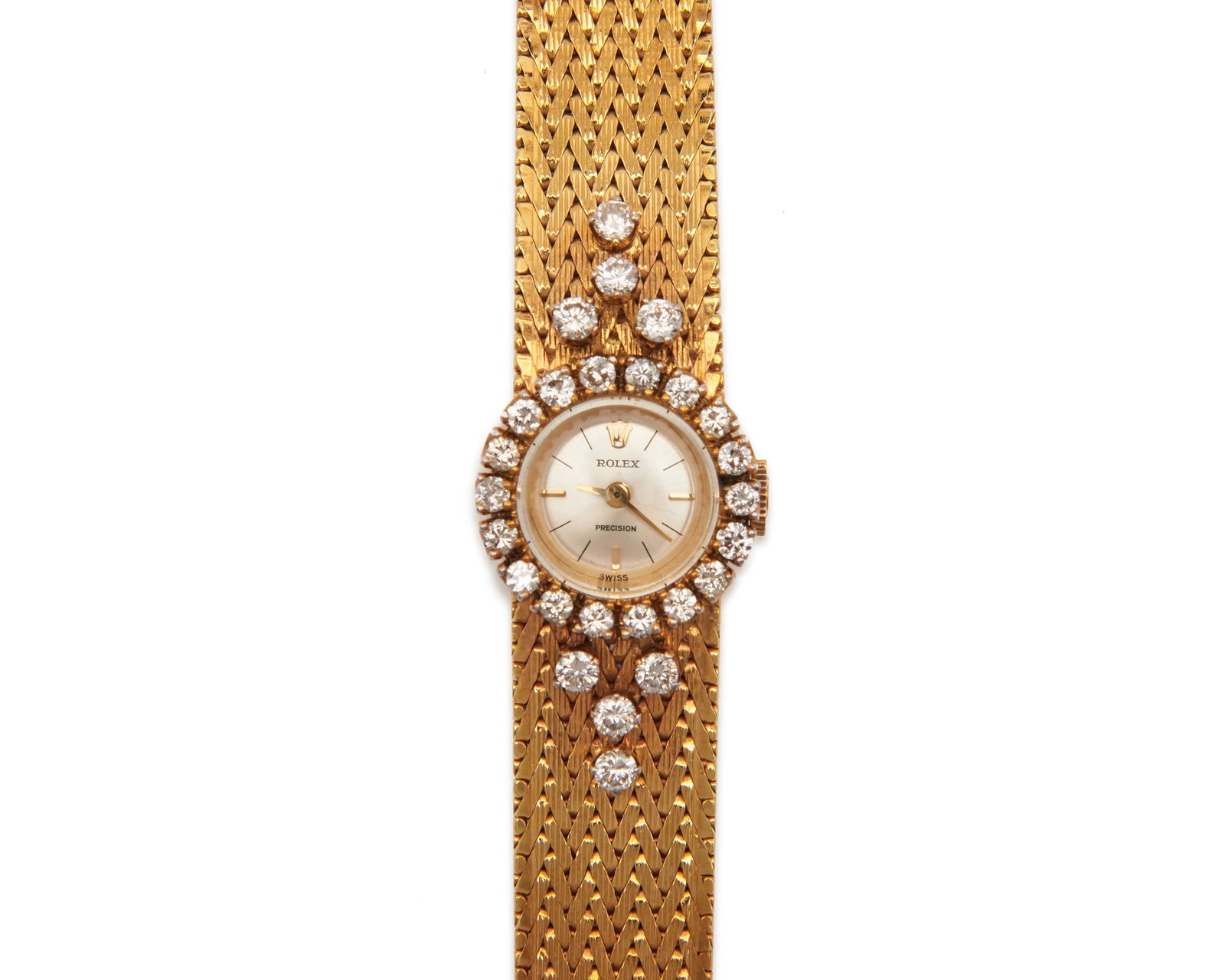 ROLEX 18K Gold and Diamond Wristwatch: ROLEX 18K Gold and Diamond Wristwatch the round gold tone dial with baton numeral indicators; the bezel and band set with full-cut diamonds weighing approx. 1.00 tcw.; enclosing a manual-wind Rolex mo