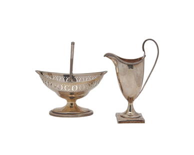 HESTER BATEMAN Silver Sugar Basket, London, 1789,: HESTER BATEMAN Silver Sugar Basket, London, 1789, together with a HESTER BATEMAN Silver Creamer, London, 1787 basket length: 5 1/2 in., height: 3 3/8 in., weight: 4 ozt.; creamer height: 6 1/4 in., we