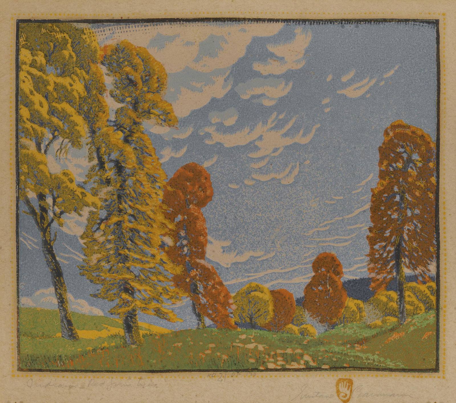GUSTAVE BAUMANN, (American, 1881-1971), Indiana Red Gum: GUSTAVE BAUMANN(American 1881-1971)Indiana Red Gum Treeswoodcut in colorstitled lower left; signed Gustave Baumann in pencil lower right; inscribed No. 21 of 120 lower centerplate: 9 3/8 x 11