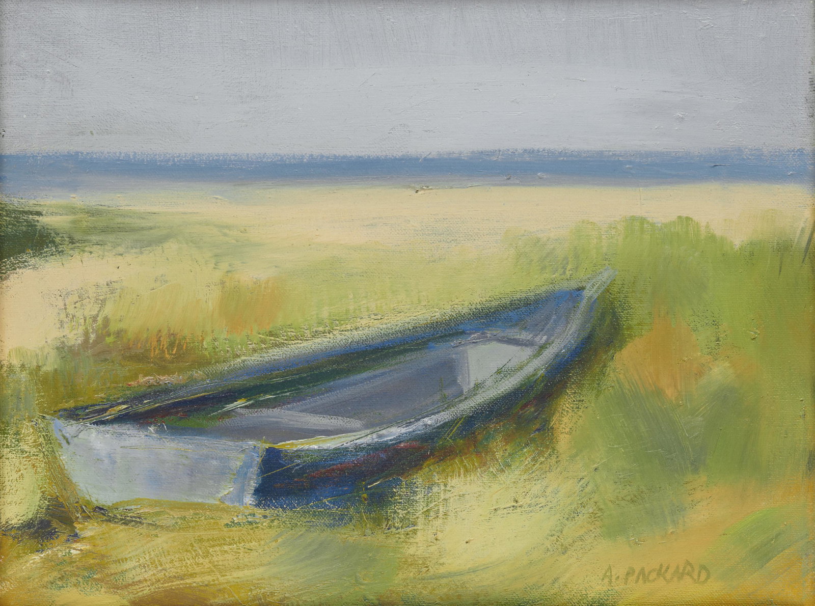 ANNE PACKARD, (American, b. 1933), Beach Side Skiff,: ANNE PACKARD(American b. 1933)Beach Side Skiff1999 oil on canvassigned A.Packard lower right11 x 14 in. frame: 16 x 19 in.