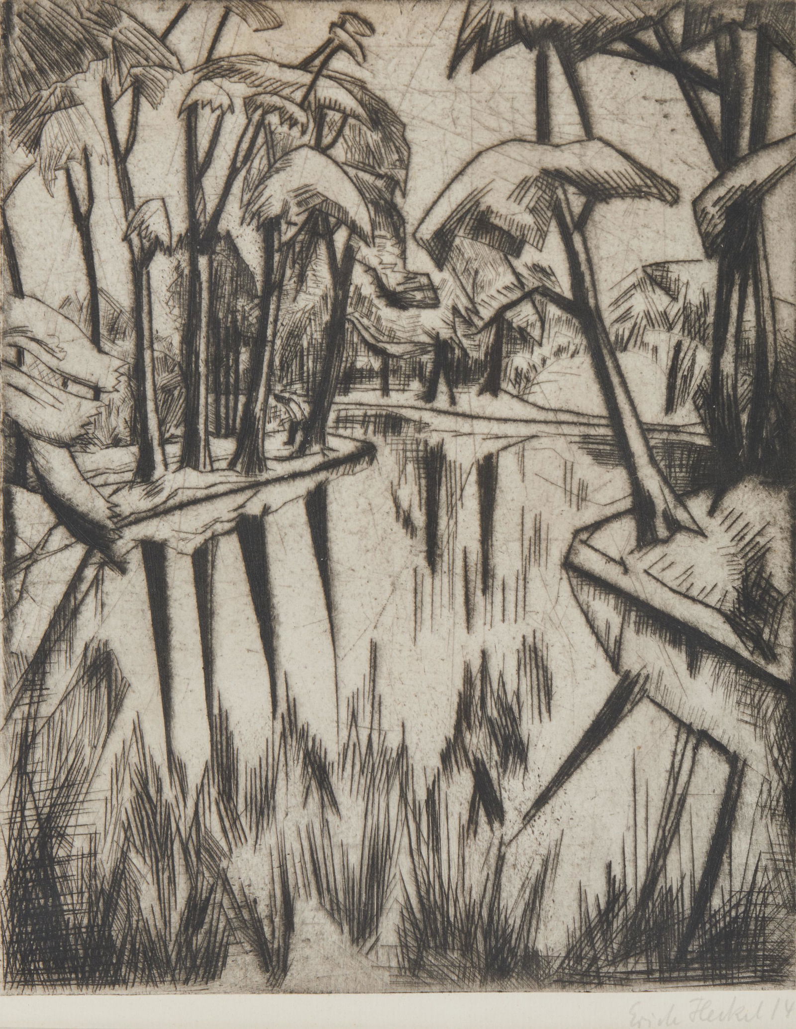 ERICH HECKEL, (German, 1883-1970), Parksee, 1914,: ERICH HECKEL(German 1883-1970)Parksee1914 drypointsigned and dated Erich Heckel 14 in pencil lower rightplate: 9 1/2 x 7 3/4 in. frame: 18 3/4 x 15 3/4 in.Provenance: Gropper Art Galle