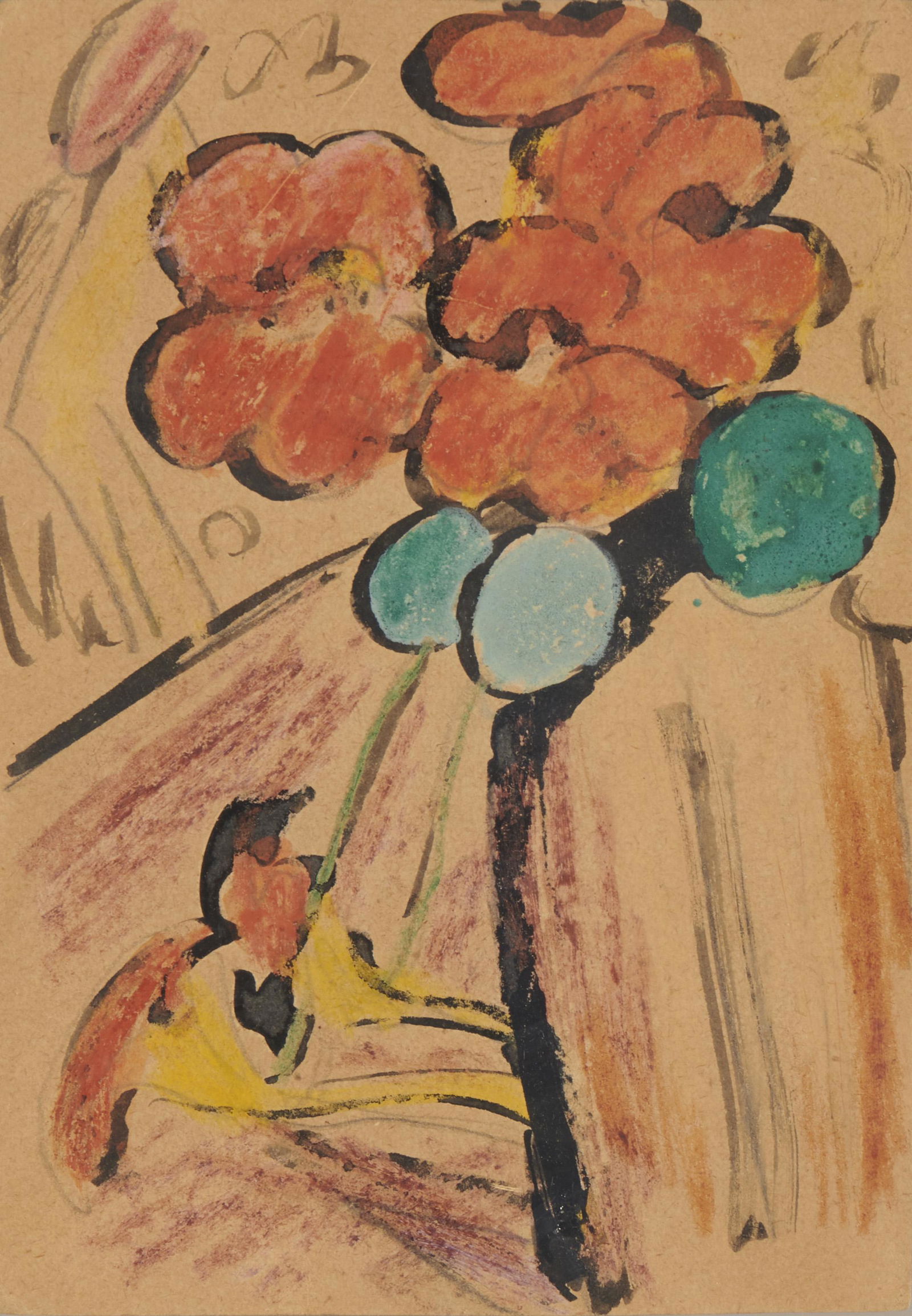 ERICH HECKEL, (German, 1883-1970), Stillleben (Flowers: ERICH HECKEL(German 1883-1970)Stillleben (Flowers in a Vase)gouache and crayon postcard6 x 4 in. frame: 16 7/8 x 13 1/2 in.Provenance: Gropper Art Gallery Inc. Cambridge Massachusetts 1972; The