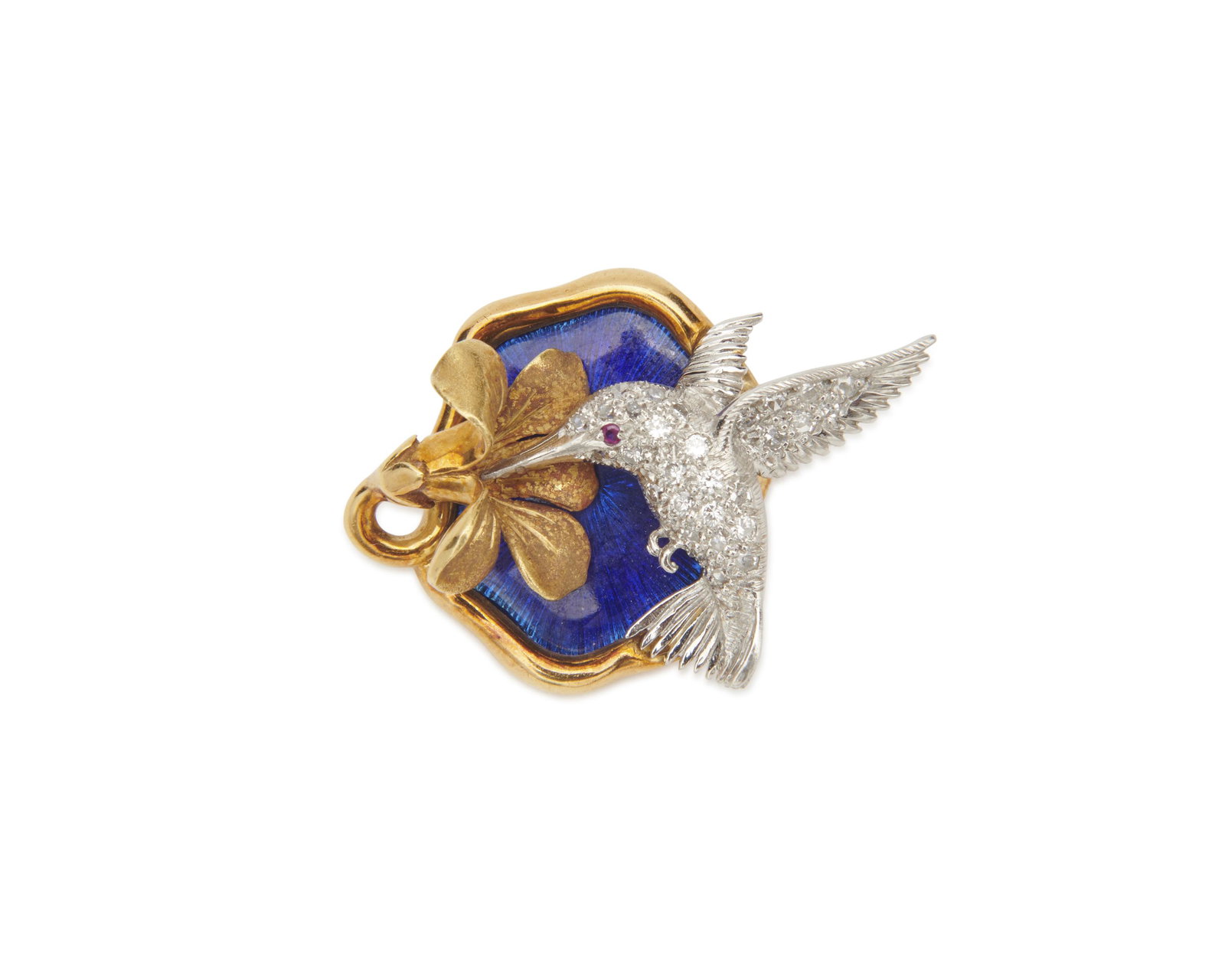 McTEIGUE 18K Gold, Platinum, Enamel, and Diamond: McTEIGUE 18K Gold Platinum Enamel and Diamond Hummingbird Broochthe blue enamel plaque featuring a pave-set diamond hummingbird feeding from a gold flower; signed S McT; 7.38 dwts.; lg. 1 in.
