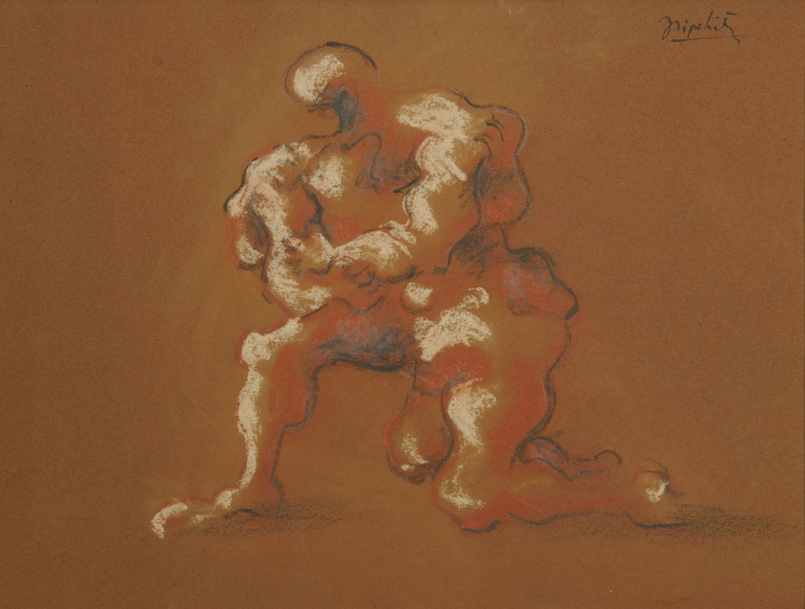 JACQUES LIPCHITZ, (French, 1891-1973), Wrestlers: JACQUES LIPCHITZ(French, 1891-1973)Wrestlerscharcoal, chalk, and pencil on papersigned Lipchitz in ink, upper rightsheet: 10 x 13 in.; frame: 15 x 18 in. Provenance: By descent wit
